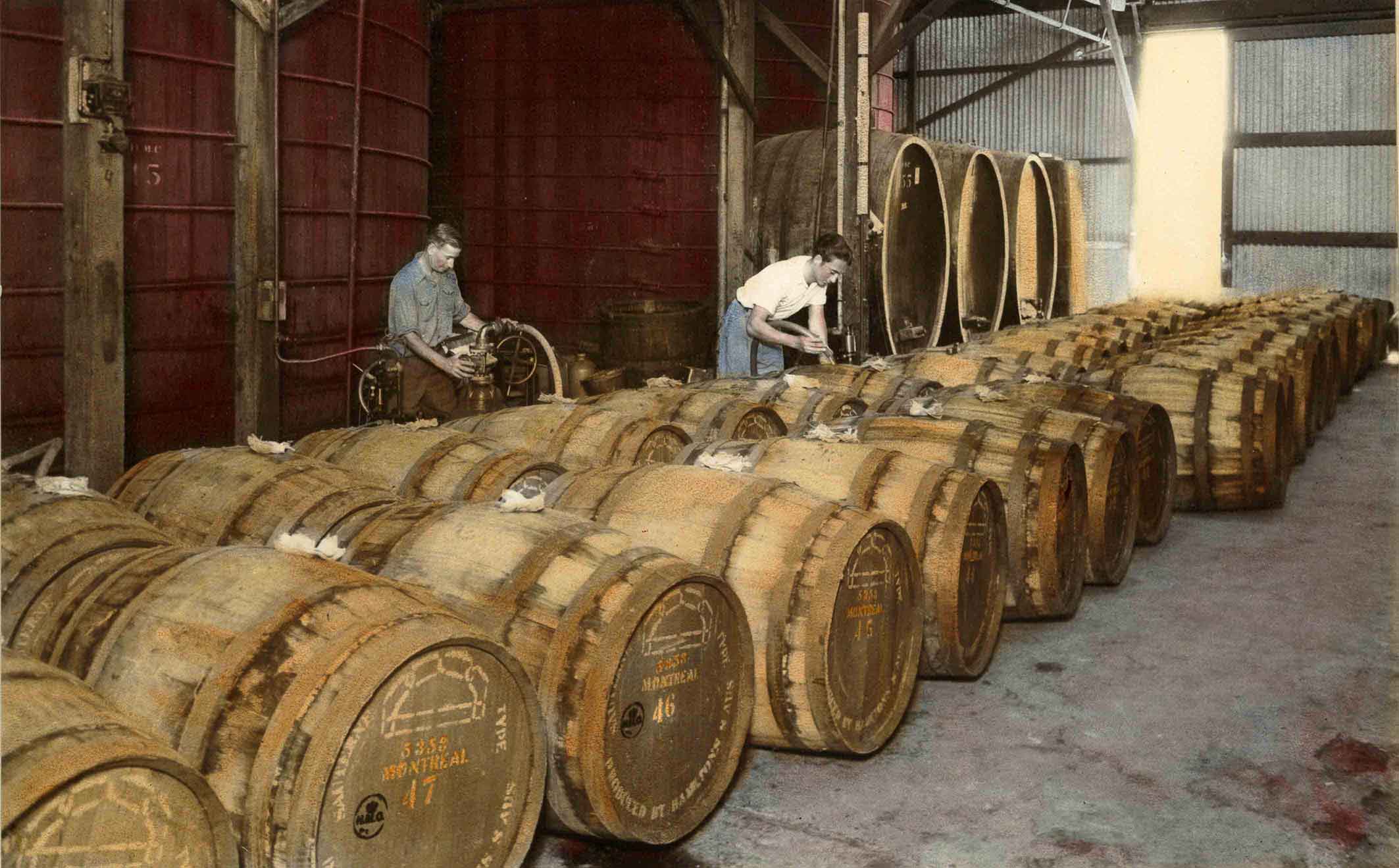 Wine barrels lined up to the right, across the image, two men working on the barrels to prepare the wine. 